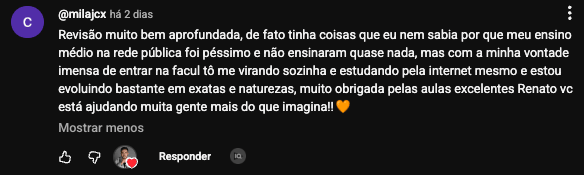 Comentário no YouTube: @milajcx sobre as lives do Renato