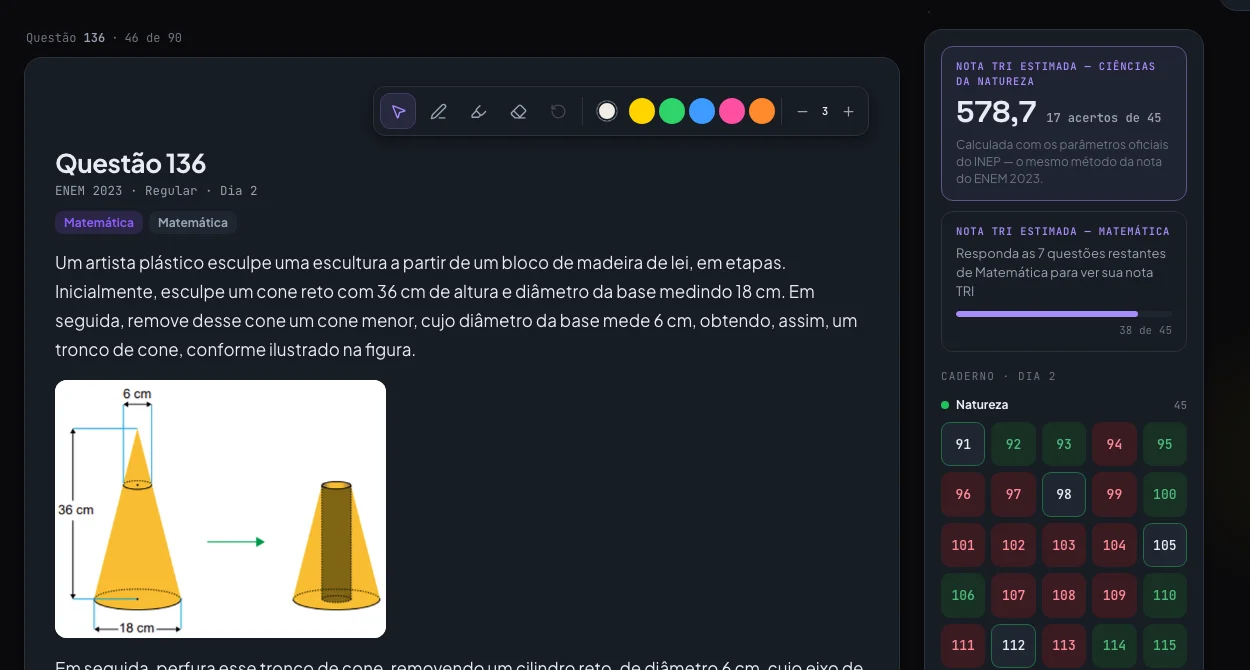 Tela real da nota TRI estimada na plataforma da Memorize