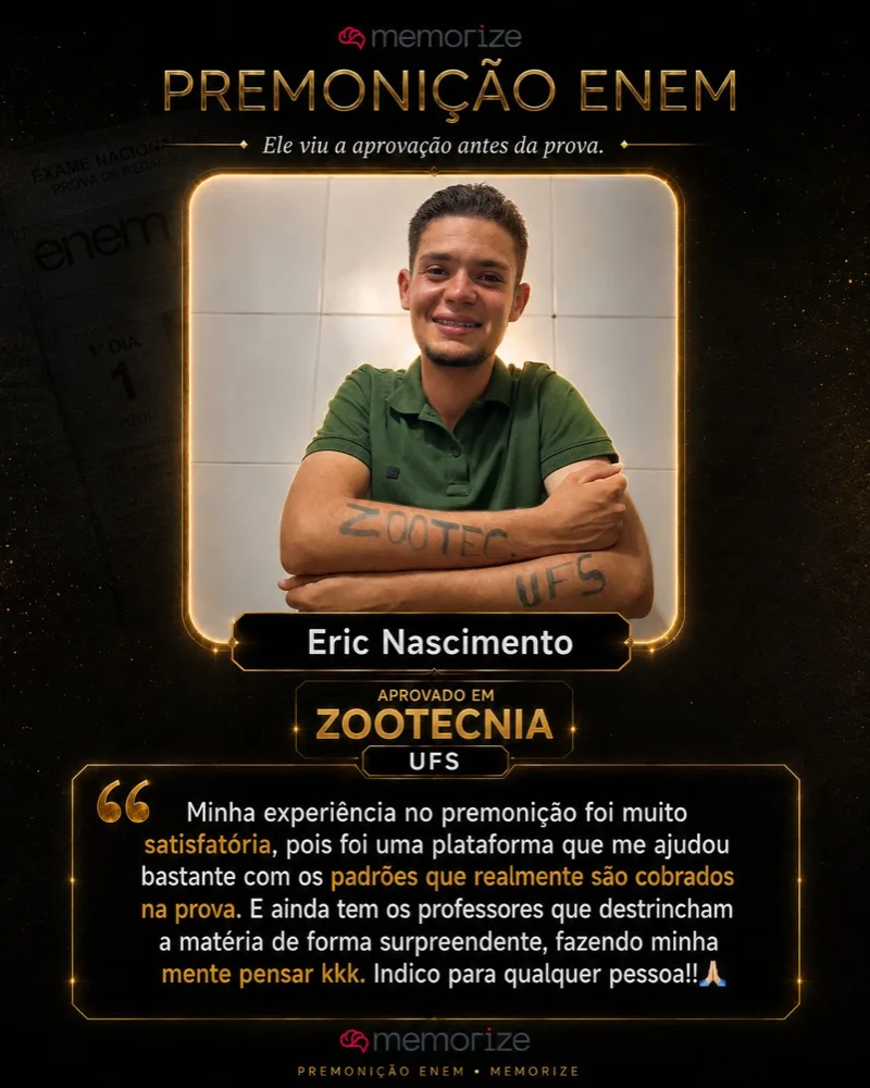 Eric Nascimento, aprovado em Zootecnia na UFS, conta como o Premonição ENEM ajudou na aprovação