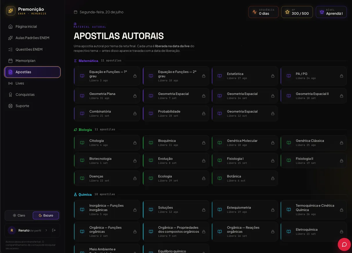Apostilas autorais por tema — plataforma Premonição ENEM